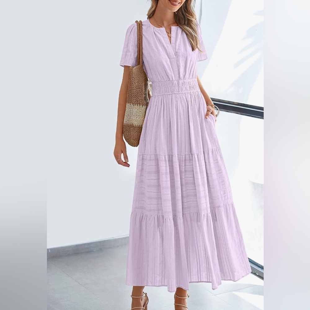 BTFBM Womens Summer Casual Midi Short Sleeve V Neck Dress, Size Small